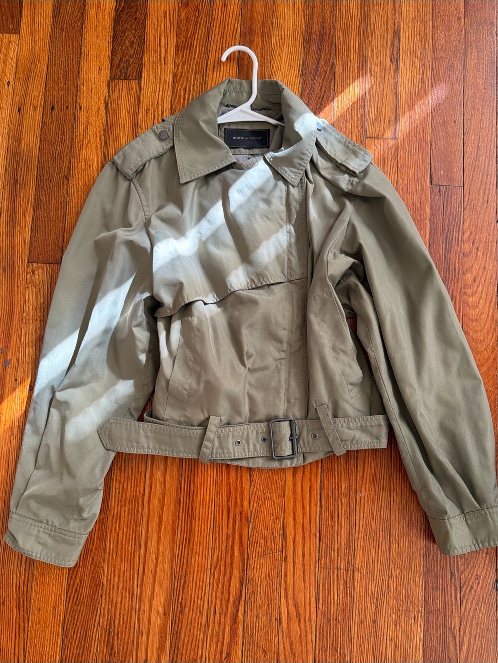 BCBGMaxAzria Olive Green Cropped Belted Trench Jacket